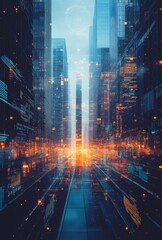Poster - A sleek and minimal futuristic cityscape, with digital displays embedded in skyscrapers and transparent data overlays enhancing the high-tech ambiance