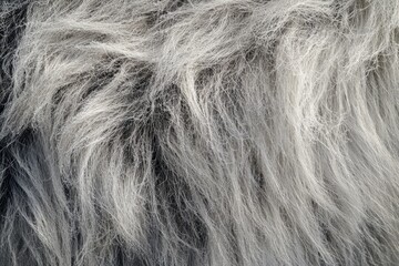 Close-up of woolly mammoth fur, showing thick, insulating layers and individual hair strands covered in frost, adapted to harsh, freezing environment. High-resolution, detailed textures, crisp focus