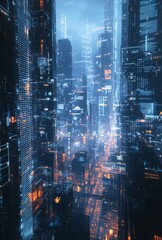 Poster - A sleek and minimal futuristic cityscape, with digital displays embedded in skyscrapers and transparent data overlays enhancing the high-tech ambiance