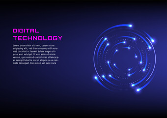 Fototapete - Abstract digital technology background blue light lines right that moves in a circle, at the end there is a light shining in the middle, there is an element on the left, there is space to place text.