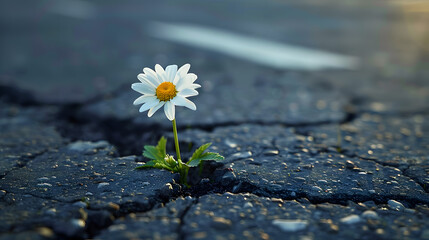 prevailing against all odds concept with Daisy flower growing from crack in the asphalt