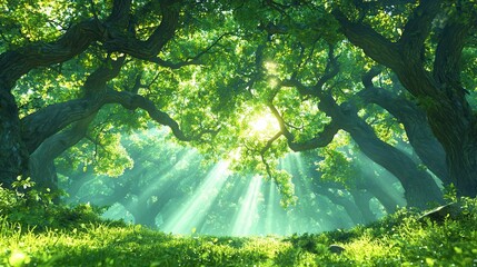 Canvas Print - Sunbeams Through Trees In Green Forest.