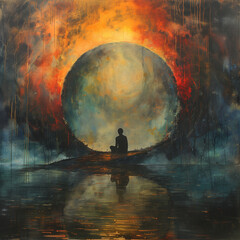 Wall Mural - painting of a man sitting in a boat in front of a giant moon