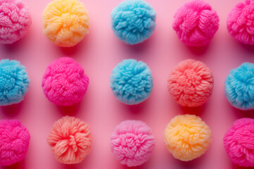 a close up of a bunch of colorful pom poms on a pink surface