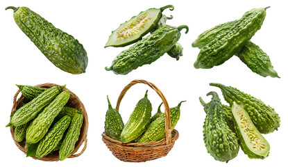 Sticker - Bitter melon gourd vegetable, many angles and view side top front basket pile slice isolated on transparent background cutout, PNG file. Mockup template for artwork graphic design