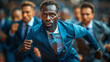 © Pawina - photo of an olympic 100 metre race with all competetors wearing business suits, action shot in the style of a sports brand advertisment,generative ai