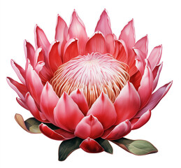 Wall Mural - a close up of a large pink flower with leaves on a white background