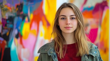 Wall Mural - A young Caucasian female artist standing in front of a vibrant modern art piece