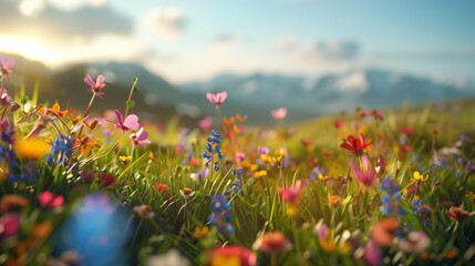 Wall Mural - brightly colored flowers in a field with mountains in the background