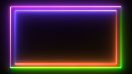 Poster - Bright neon multicolored effect rectangle frame Loop background. Glowing abstract rectangle border shape two line