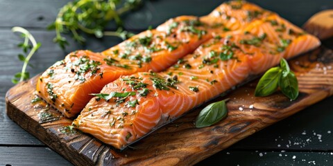 Wall Mural - Salmon fillet with fresh herbs and seasoning on a rustic wooden board