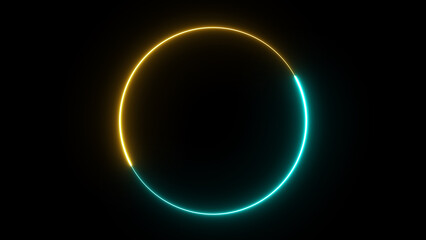 Poster - Glowing green and yellow neon light line loop circle. Neon light ring frame