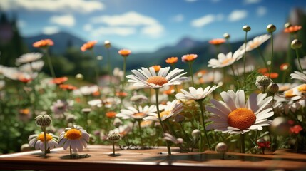 Canvas Print - An elegant podium backdrop featuring a spring flower field scene. 3D render... 