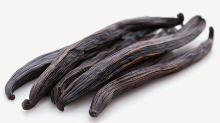 Close-up of a bunch of dried vanilla beans. The pods show intricate patterns and a rich, dark brown color.