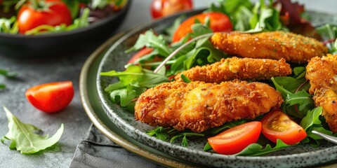 Wall Mural - Close up of succulent fried chicken breasts served with a mixed green salad and tomatoes on a plate on a stylish grey concrete table