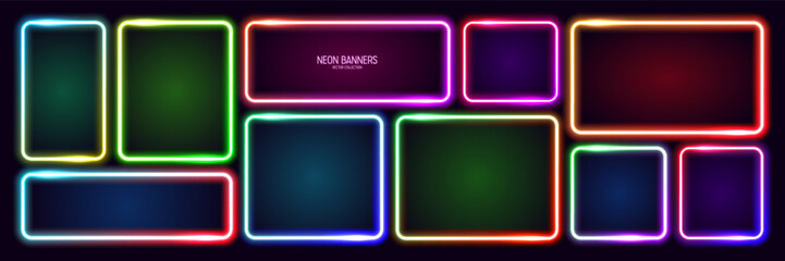 Wall Mural - colorful glowing neon banners, illuminated square frames. shiny vibrant border, glow effect. purple 