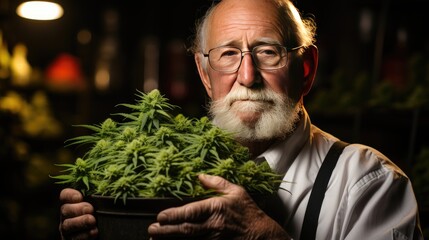 Wall Mural - An elderly person showing in his hands his medical prescription, a dose of cannabis flower buds.  