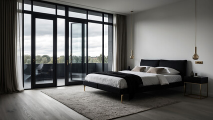 The Scandinavian bedroom is black and gray, looks minimalist and modern