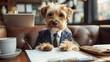 © Malik - Family dog is working in office. Pet in corporate business environment. Dressed in suit and tie working with paperwork. Funny humor as animal sits behind boss desk. Pet friendly office.