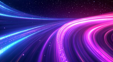 Poster - abstract neon light lines in space, purple and blue colors, speed motion effect
