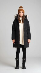 Poster - girl in black winter coat on white plain background pictorial model shoot portrait