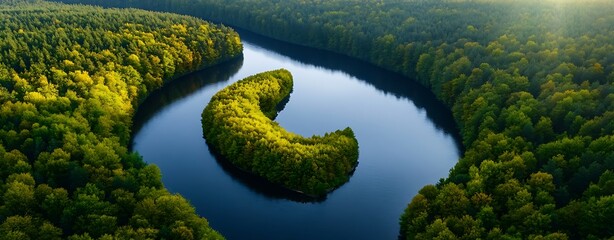 Wall Mural - aerial view of a calm river winding through a forest, sunlit leaves, cinematic nature scene, more cl