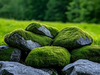Wall Mural - close-up of moss-covered rocks, dappled sunlight, nature background with copy space, more clarity wi