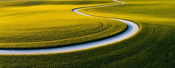 Wall Mural - aerial view of a field with a winding path, sun casting long shadows, nature background with copy sp