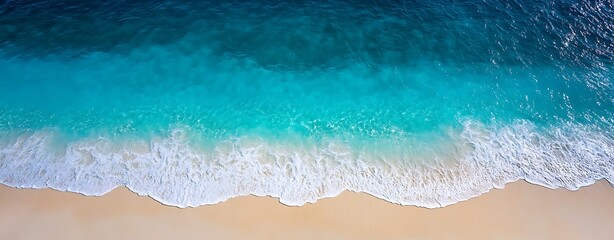 Poster - Aerial view of a beach with turquoise waters, waves gently lapping, nature background with copy space, more clarity with clear light and sharp focus, high detailed