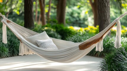 Wall Mural - semi close-up of a hammock in a garden, dappled sunlight, tranquil outdoor setting, more clarity wit