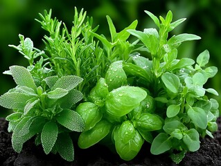 Wall Mural - close-up of fresh herbs in a garden, early morning dew, nature background with copy space, more clar