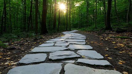 Wall Mural - semi close-up of a stone path in a forest, sunlight streaming through leaves, peaceful nature scene,