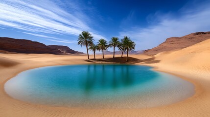 Wall Mural - a vast desert landscape with a hidden oasis of palm trees and a clear blue lake
