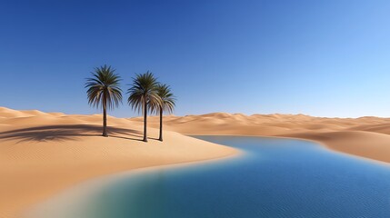 Wall Mural - a vast desert landscape with a hidden oasis of palm trees and a clear blue lake