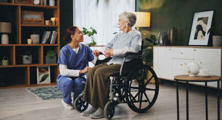 Poster - Women, nurse and senior patient in wheelchair at nursing home for healthcare, support and checkup. Caregiver, person with a disability and conversation for medical service, physiotherapy and care