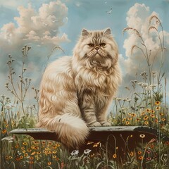 Wall Mural - A fluffy, white cat sits on a wooden fence post in a field of wildflowers with a cloudy sky above.