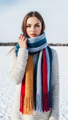 Wall Mural - girl in colorful winter scarf on white plain background pictorial model shoot portrait