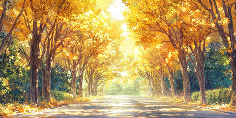 Wall Mural - an illustration of trees on both sides of the road with yellow leaves falling from them, generative 
