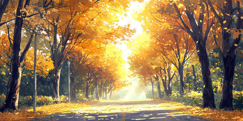 Wall Mural - an illustration of trees on both sides of the road with yellow leaves falling from them, generative 