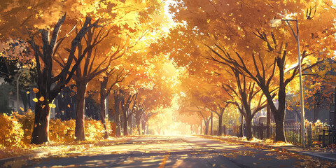 Wall Mural - an illustration of trees on both sides of the road with yellow leaves falling from them, generative 