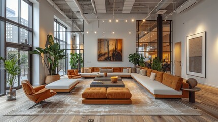 Poster - Modern Loft Interior Design with Large Windows and Comfortable Seating