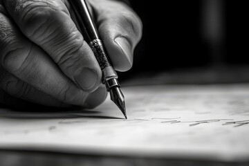 Close-up of a hand holding a pen, elegantly writing on paper in black and white. Captures the art of writing and creativity.