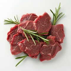 Fresh, raw beef medallions with sprigs of rosemary on a white background.