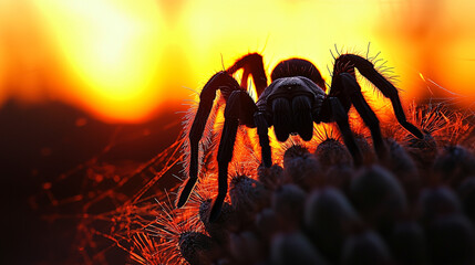 Wall Mural - Tarantula building a silk web between desert cacti, sunset time