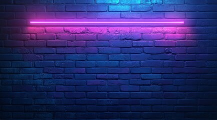Poster - dark blue brick wall with glowing neon light bar on top