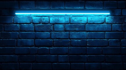 Poster - dark blue brick wall with glowing neon light bar on top