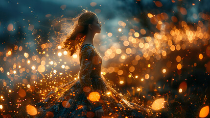 a woman in a dress stands gracefully before a glowing field of fireflies, creating a magical evening