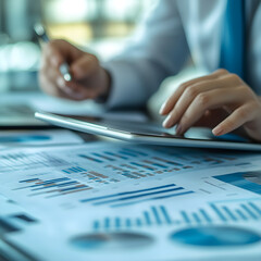 Business professional using a tablet to review financial charts and graphs during a meeting.