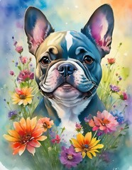 Canvas Print - French bulldog with flowers in watercolor 