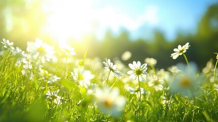 Wall Mural - Daisies in a Field of Green.